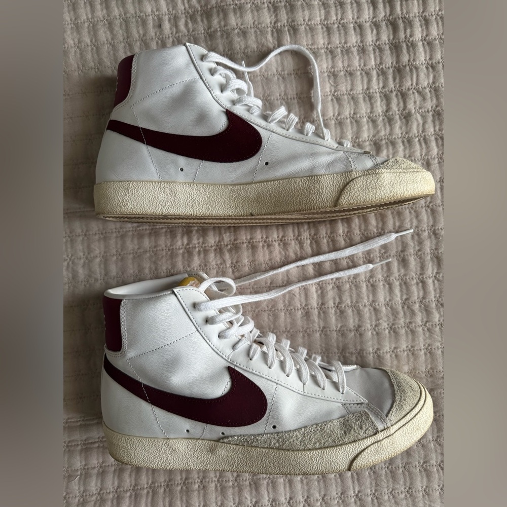 Nike Blazer Mid GS '77 trainers - white and team red worn without box